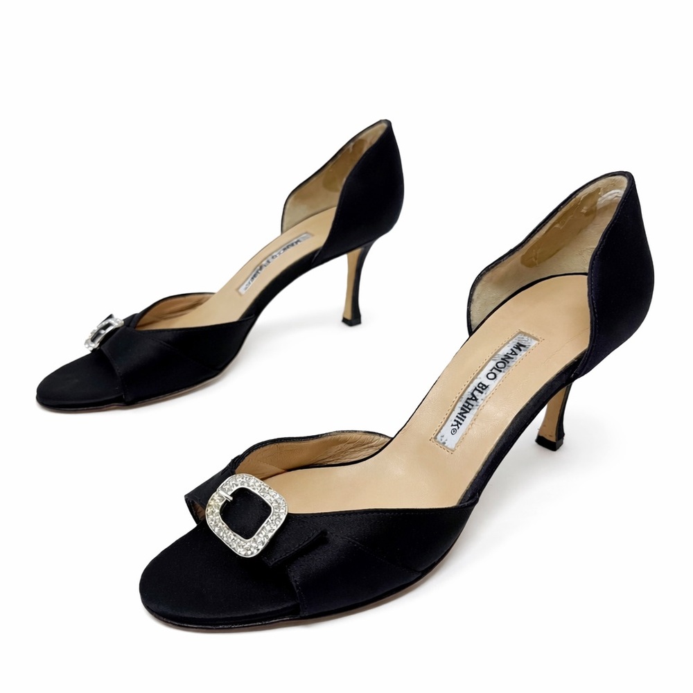 Manolo Blahnik Black Satin Crystal Buckle D’Orsay Heels Womens Size EU 40